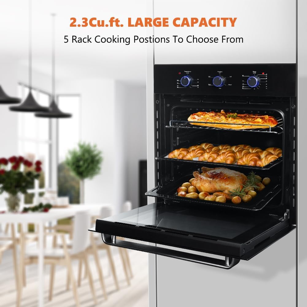 24 Inch Single Wall Oven, thermomate 2.3 Cu.ft. Electric Wall Oven with 5 Cooking Functions,Black Tempered Glass Finish, 2000W Built-in Wall Ovens with Mechanical Knobs Control, ETL Certified