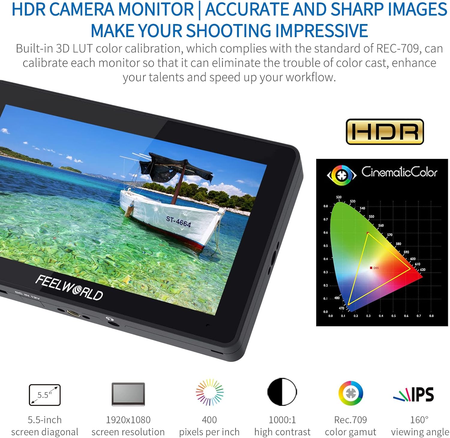 FEELWORLD F6 Plus 5.5 Inch Camera Monitor Field DSLR Monitors with 3D Lut HDR Small Full HD 1920x1080 IPS Support 4K HDMI Input Output Touch Screen for Photographer and Director External Video Monitor