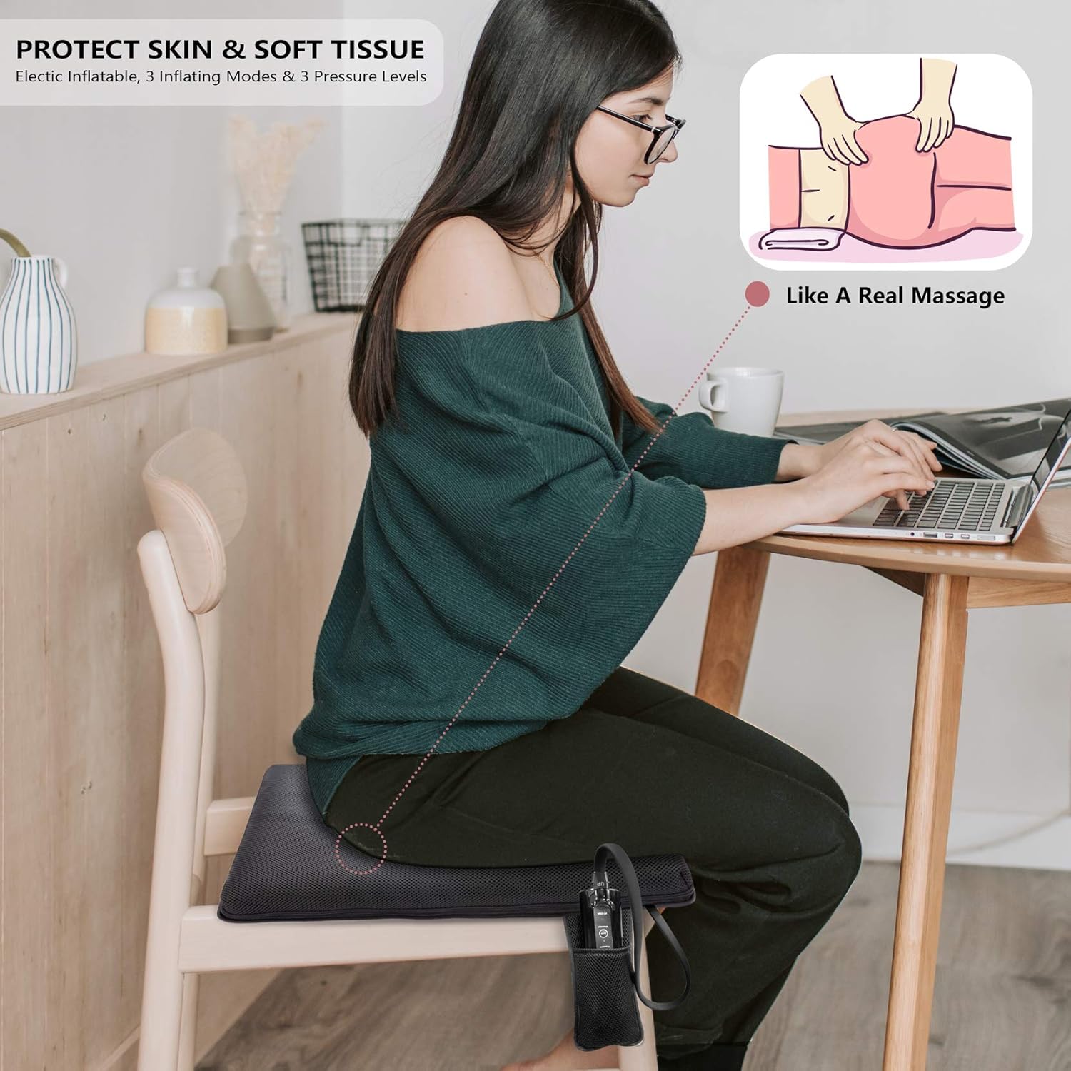 FIT KING Inflatable Air Seat Cushion with Rechargeable Controller for Desk Chair and Car Seat, Adjustable Pressure Relief Wheelchair Cushion with Massage Function, Relieve Pressure Sore, Sciatica