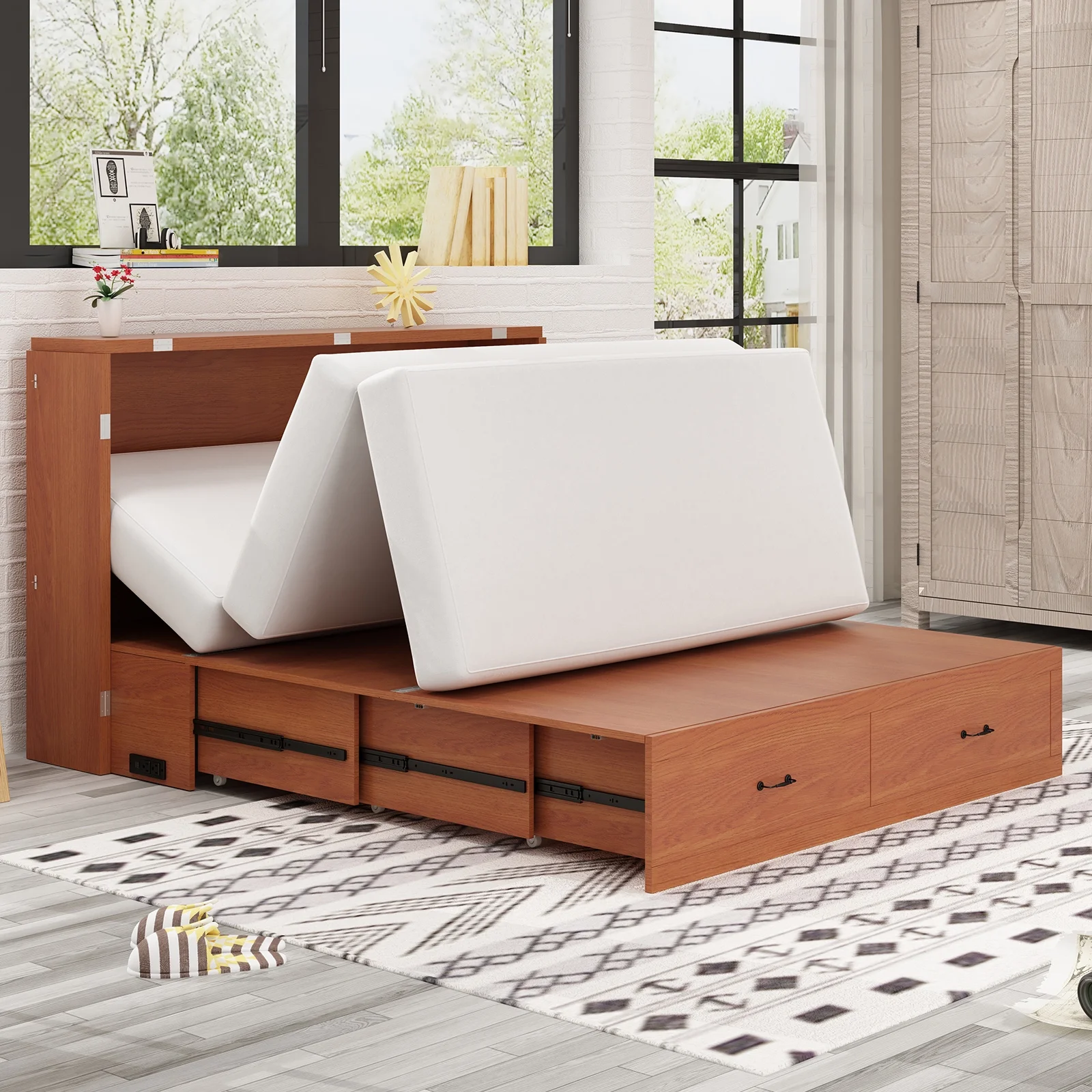 Mjkone Queen Size Murphy Cabinet Bed, Solid Pine Wall-Bed with 3 Charging Stations, 2 Storage Drawers, and Comfy Foldable Mattress for Bedroom, Office and Small Spaces (Burnt Orange)