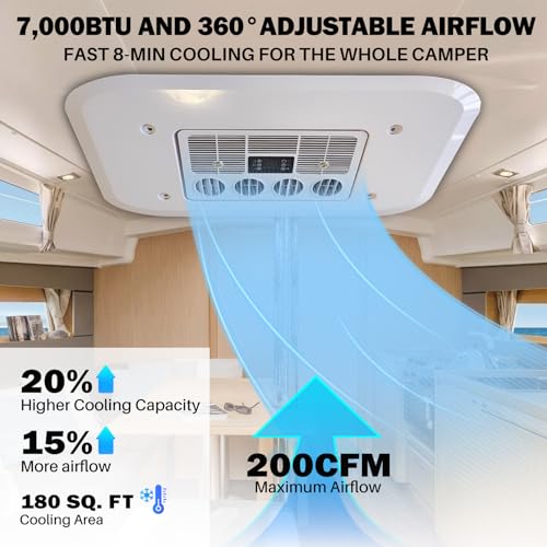 Cooling 12V RV Air Conditioner 7000 BTU, Universal RV Rooftop Ac Unit All-In-One 12 Volt DC Camper Ac Units, Low-Noise Easy Install For Car, Truck, Trailer, Fifth Wheel, Golf Cart, Motorhome