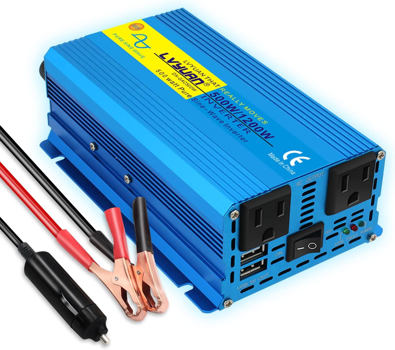 LVYUAN Pure Sine Wave Inverter 1600 Watts Inverter 12V to 110V DC to AC with Remote Controller, LCD Display 4 AC Sockets and 4 USB Ports for Car Truck Solar Power (PSW1600W-GREEN)
