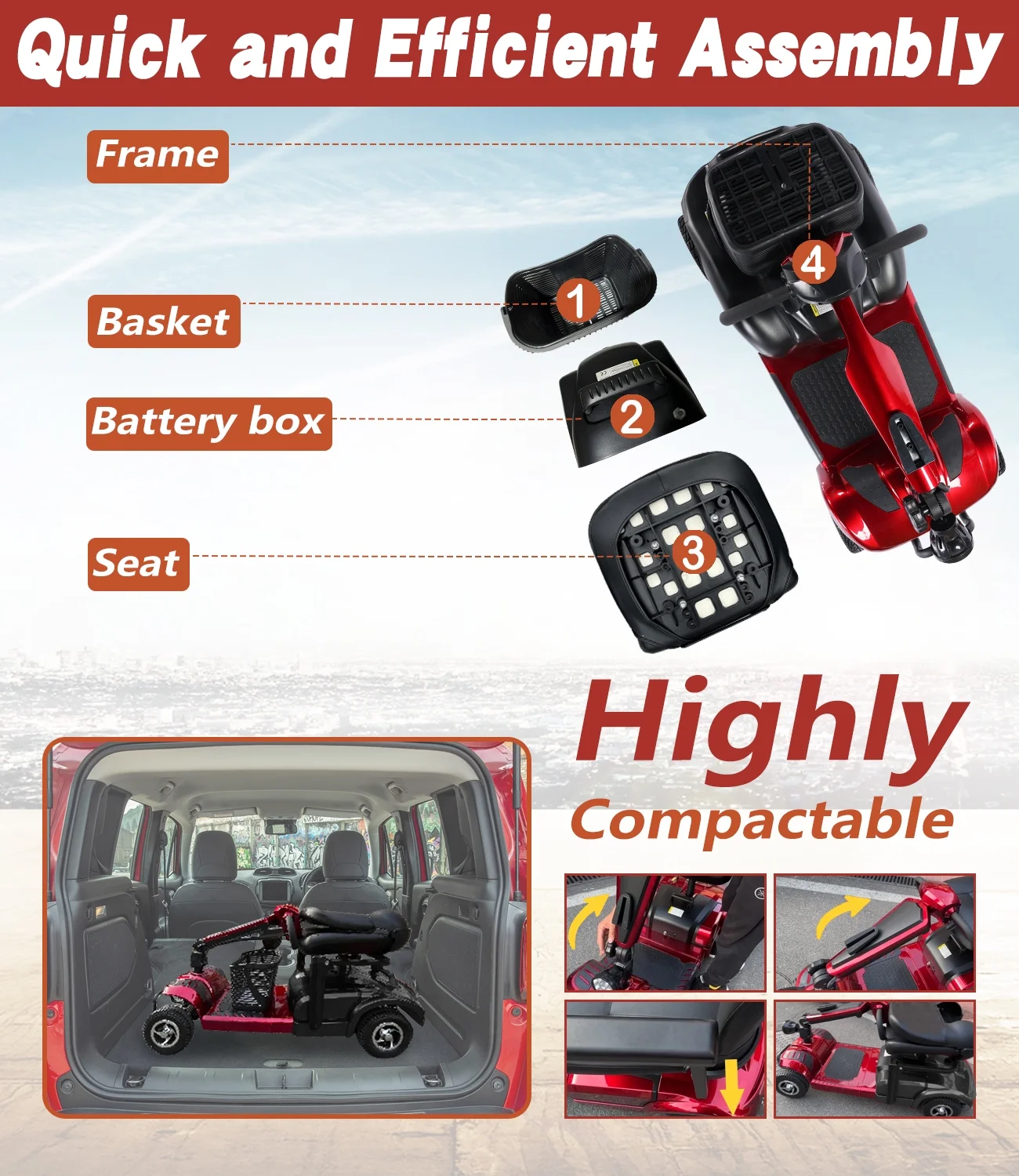 EazinGo 4 Wheel Mobility Scooter, Luxury Travel Scooters for Adults Support 300Lbs- Red