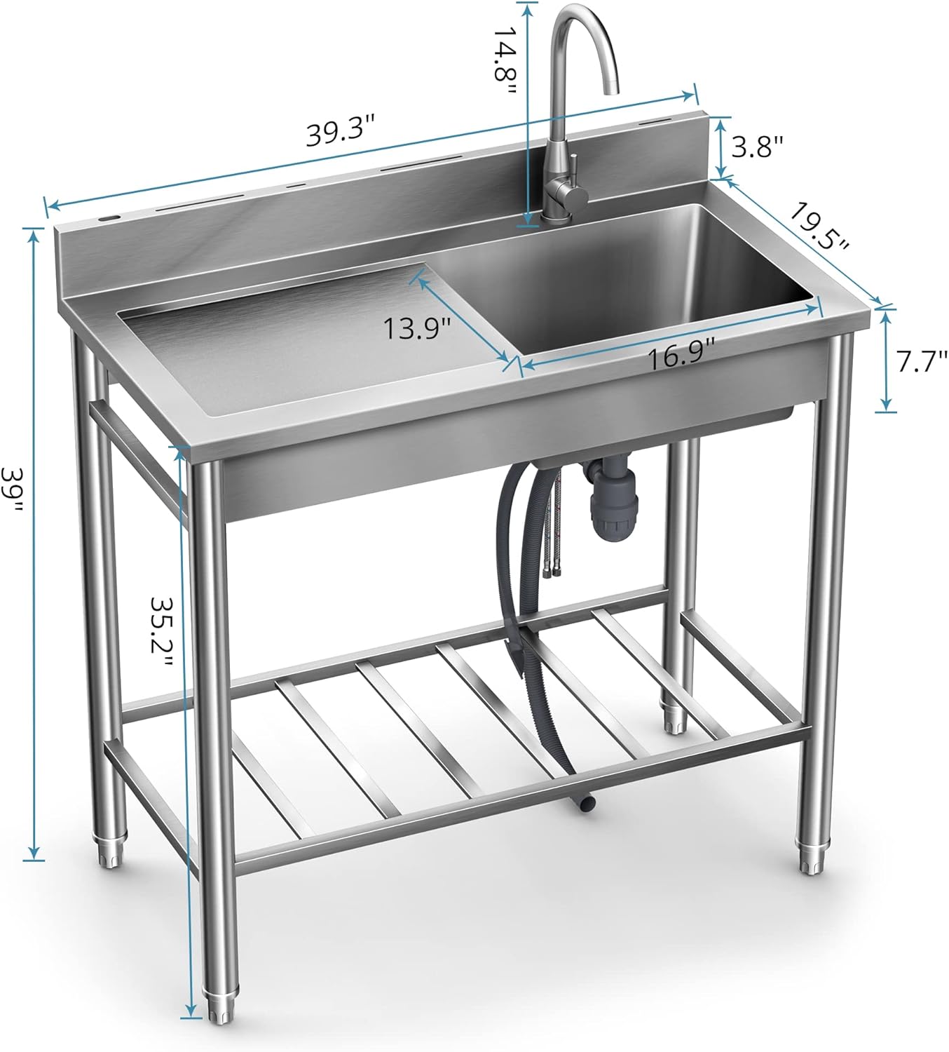 Stainless Steel Sink, Outdoor Utility Sink Free Standing Single Bowl Kitchen Sink with Cold and Hot Water Pipe for Laundry Room Bathroom Farmhouse (39 Inch)