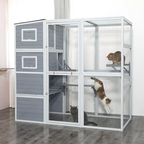 Outdoor Catio, Large Cat Enclosure House Weatherproof, 2 Resting Rooms, 4-Tier Cat Cage Catio for Cats w/ 2 Platforms, Wood