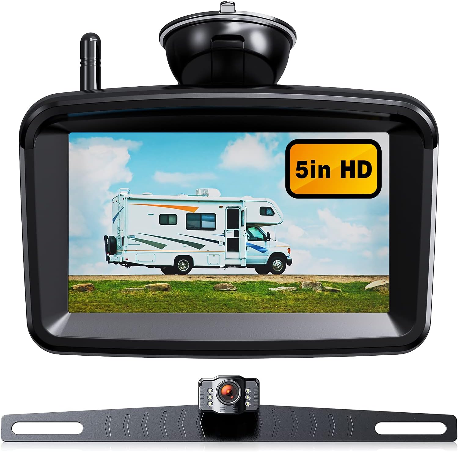 Wireless Backup Camera 5" Monitor, 1080P HD License Plate Camera w/ Stable Signal for Rear View Car/Pickup/Semi Box Truck/Sedan/Rv/Van/Camper, No Water-in, S04