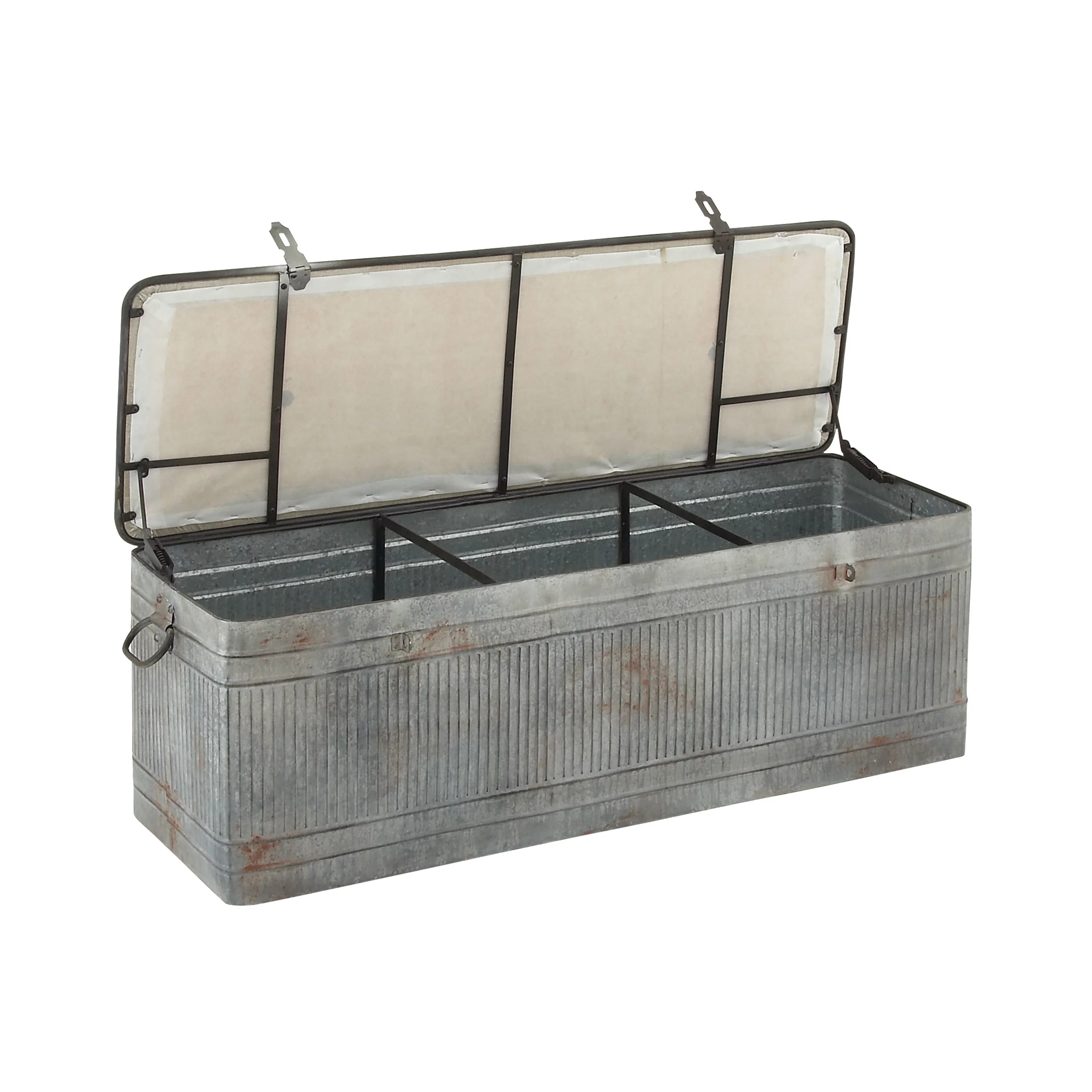DecMode Metal Galvanized Storage Bench with Cream Burlap Top, Gray