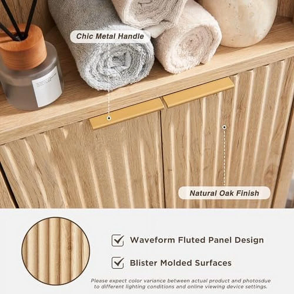 SQFHV Fluted Corner Cabinet  68" Tall Modern  Cabinet with Faux Marble Top and Adjustable Shelves  Curved Profile Bookshelf for Bathroom  Kitchen  Living Room  Dining Room  Natural Oa - Curated Treasures Market
