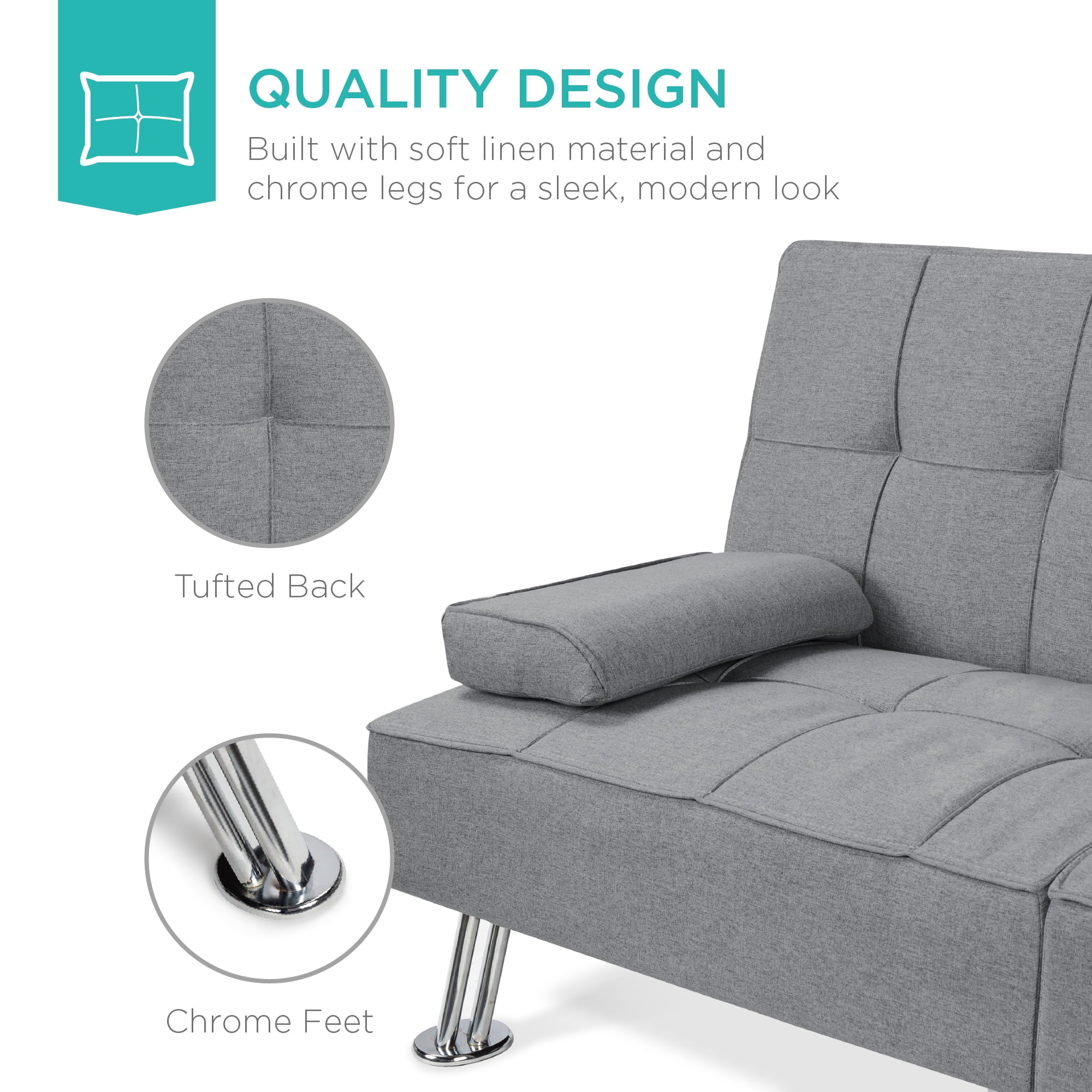 Best Choice Products Modern Linen Convertible Futon Sofa Bed w/ Removable Armrests, Metal Legs, Cupholders - Gray