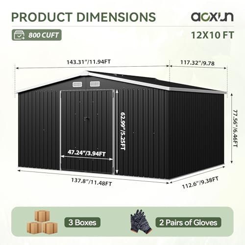 Aoxun 10 x 12FT Outdoor Storage Shed with Double Hinged Large Door Utility Garden Shed with Lockable Door & Sloped Roof Metal Sheds Outdoor Storage for Garden, Backyard, Patio and Backyard, Brown