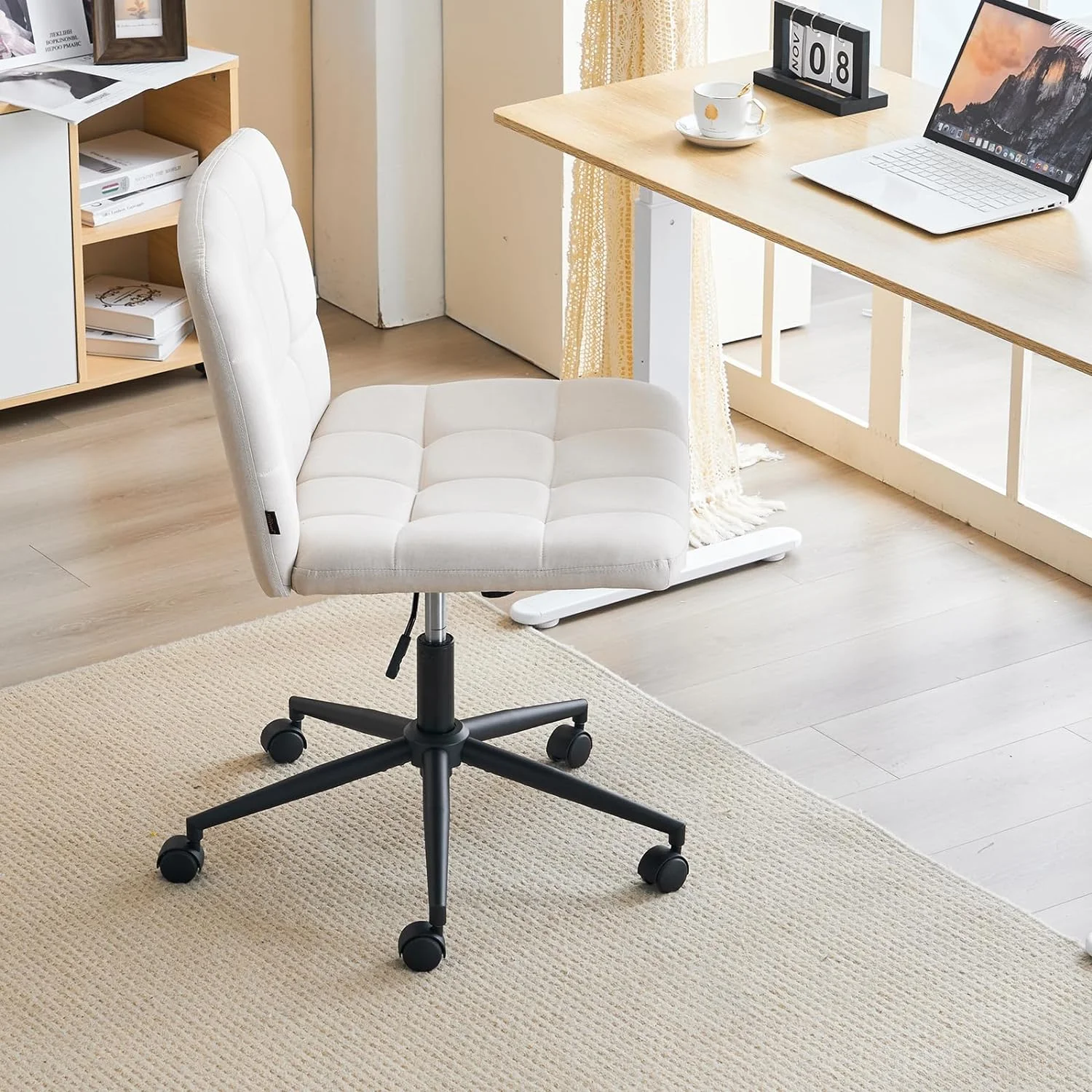 Wide Armless Desk Chair with Wheels, Mid Back Swivel Criss Cross Chair for Home Office, Height Adjustable Wide Seat Home Office Task Chairs, Beige