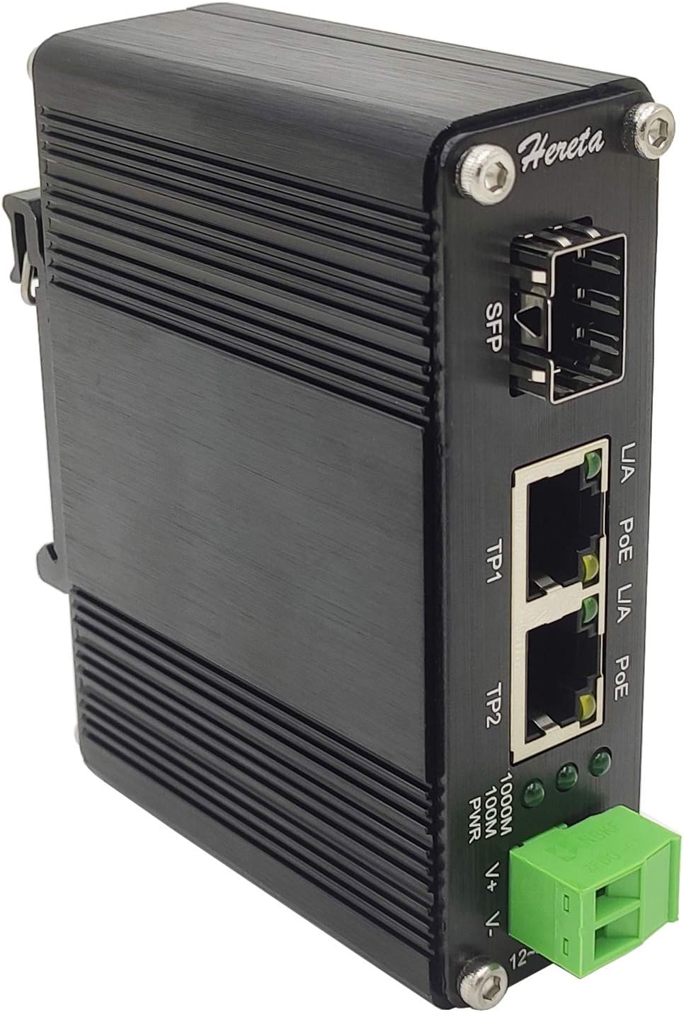 Gigabit Industrial Ethernet Media Converter POE+ 30W Aluminum Case 2 RJ45 Port 1 SFP Port Supports External SFP Modules 12~48V DC Input Power