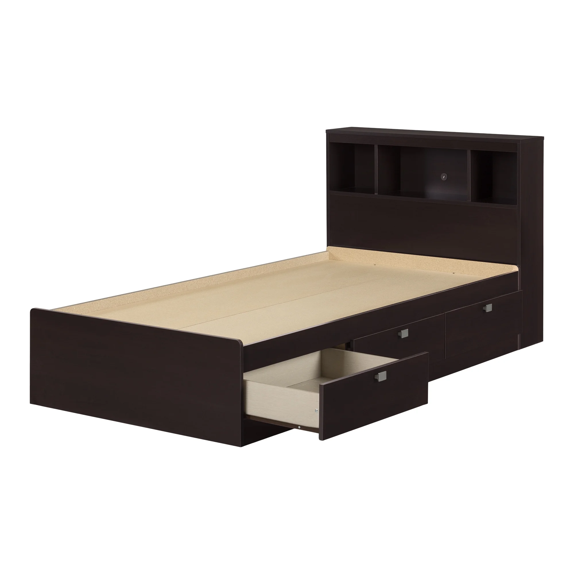 South Shore Spark 3-Drawer Storage Bed, Twin, Chocolate, with Bookcase Headboard