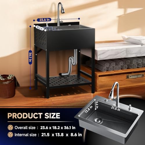 Stainless Steel Utility Sink,24" FreeStanding Laundry&Utility Room Sinks with Cold and Hot Water Faucet,Hoses and Drain Kit Commercial Single Bowl,Laundry Sink for Kitchens, Garage (24x18x36 Black)
