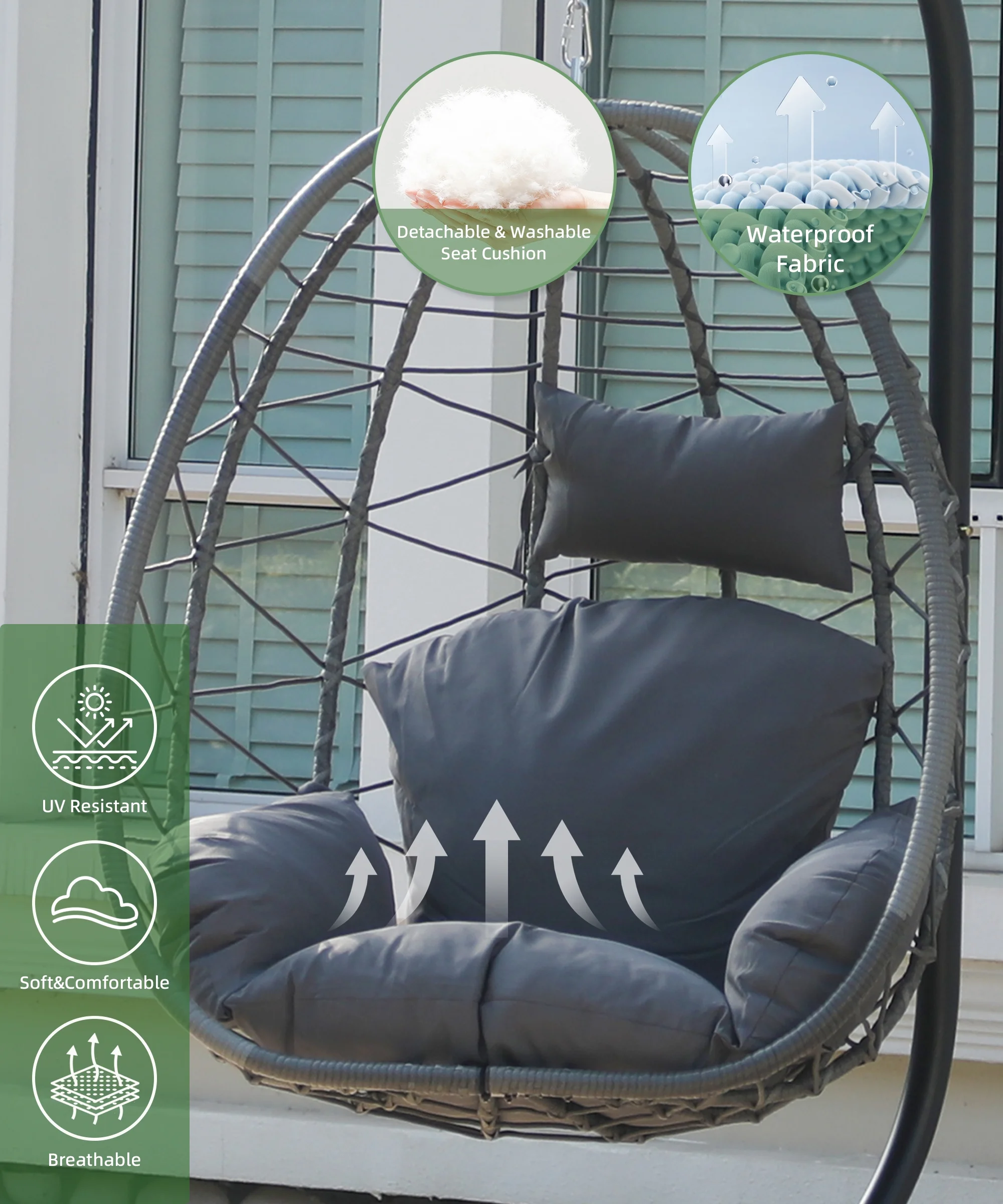 LHBcraft Swing chair clearance indoor Home Outdoor Egg Swing Chair, Patio Hanging Wicker basket stand with Soft Cushion UV Resistant 350LBS Capacity for Patio Backyard