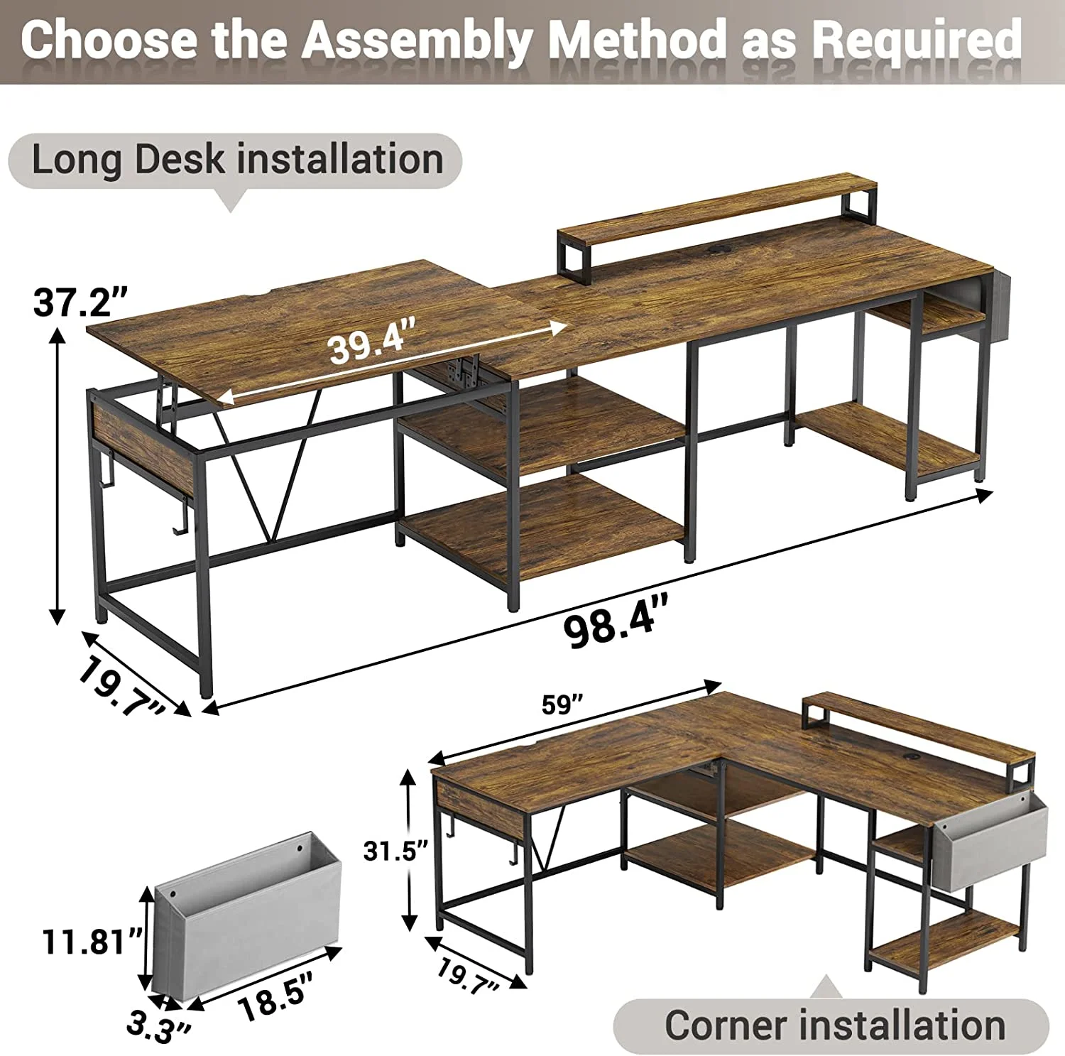 EPHEX L Shaped Desk with Lift Top, Reversible Corner Office Desk, L Shaped Desk with Storage Shelves, Monitor Stand, and Headphone Hook for Home Office, Rustic Brown
