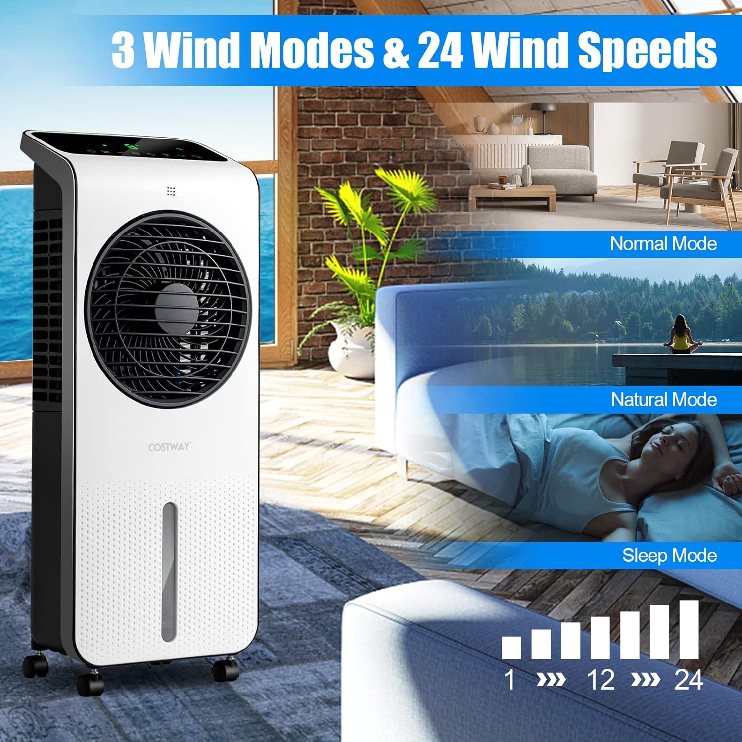 COSTWAY Portable Evaporative Air Cooler, 3-in-1 Swamp Cooler w/Remote Control, 360° Rotating Fan Blade, 3 Modes, 12H Timer, 2 Ice Packs, Air Cooling Fan with Fan & Humidifier for Room Home Office