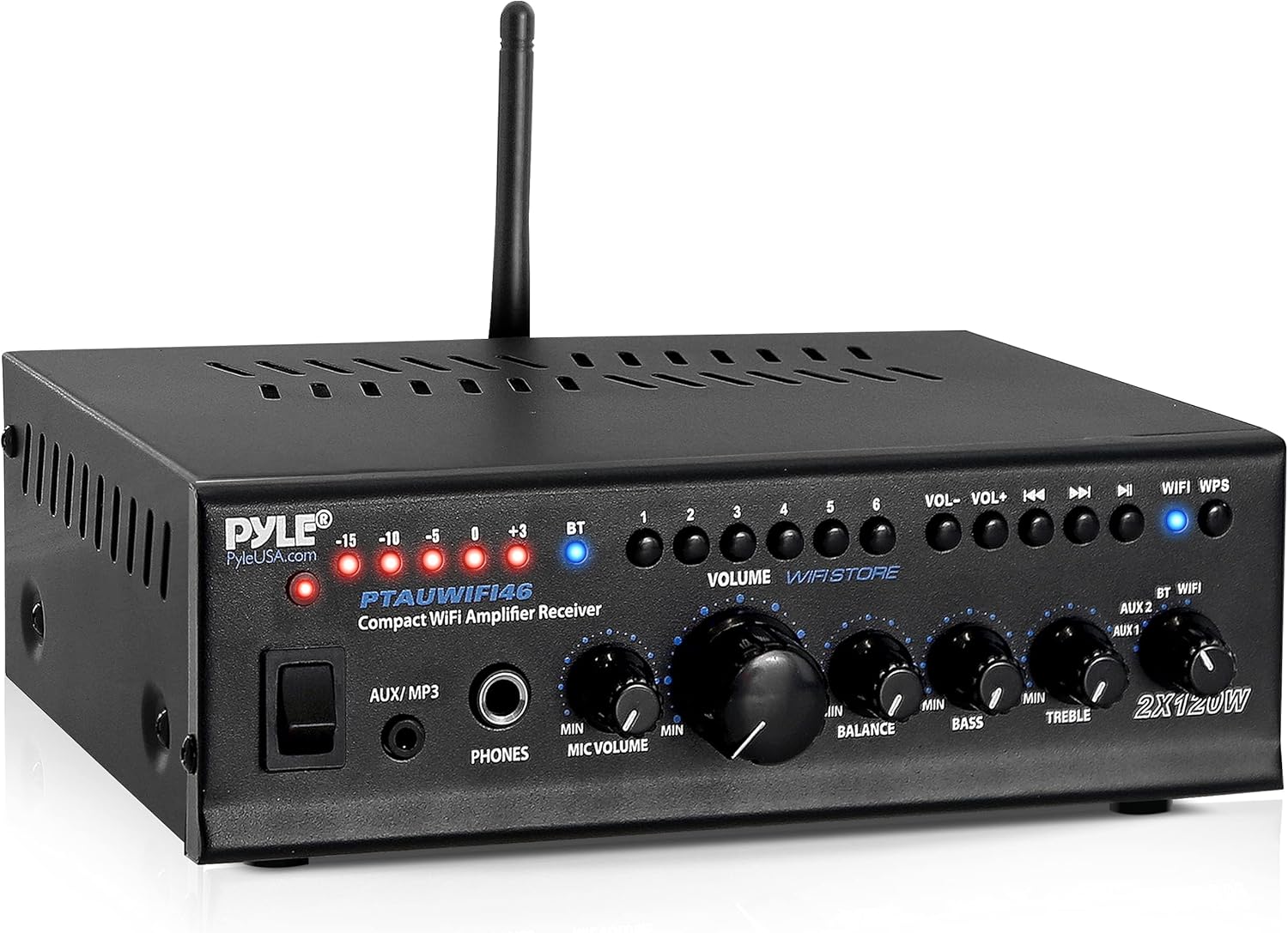Home Audio Bluetooth Power Amplifier System - 2X40W Mini Dual Channel Mixer Sound Stereo Receiver Box w/ RCA, USB, AUX, Headphone, Mic Input, Theater, Home Entertainment, Studio Use - Pyle PTAU23