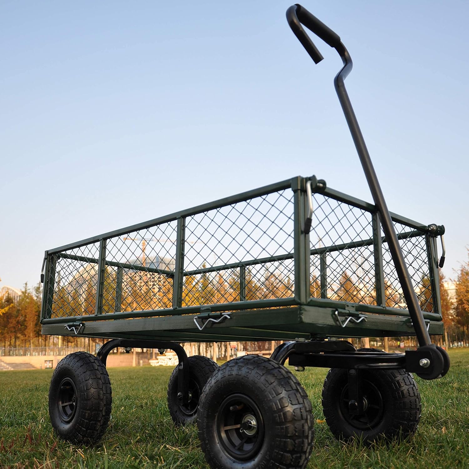 Fihuted Garden Cart Wagon Heavy Duty Mesh Steel, Utility Wagon Cart with Tire Pump , Yard Cart with Removable Sides , Green