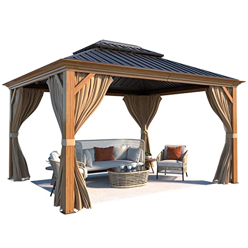YOLENY 10' x 12' Hardtop Gazebo, Wood-Looking Gazebo with Galvanized Steel Double Roof, Aluminum Frame, Permanent Metal Pavilion with Netting and Curtains for Deck, Backyard, Patio and Lawns