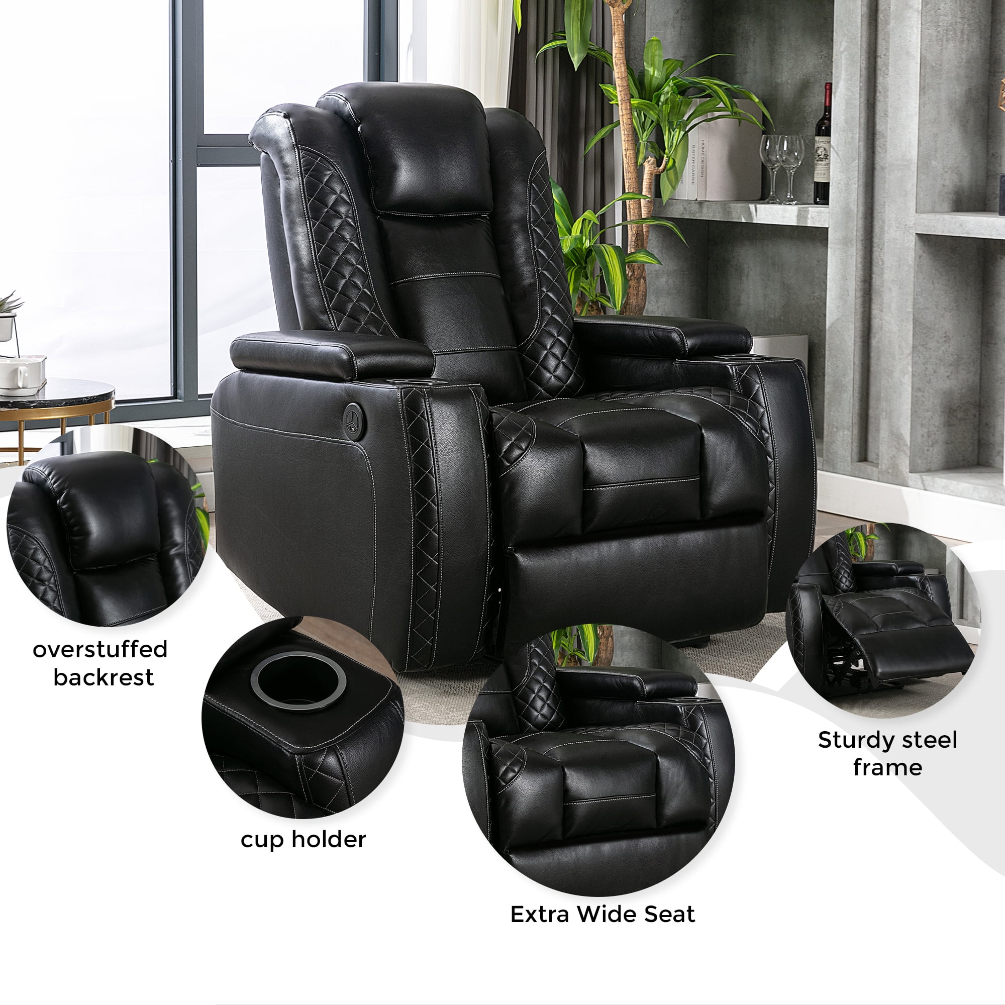 Electric Power Recliner Chair with USB Ports and Cup Holders, Breathable Leather Home Theater Seating with Hidden Arm Storage