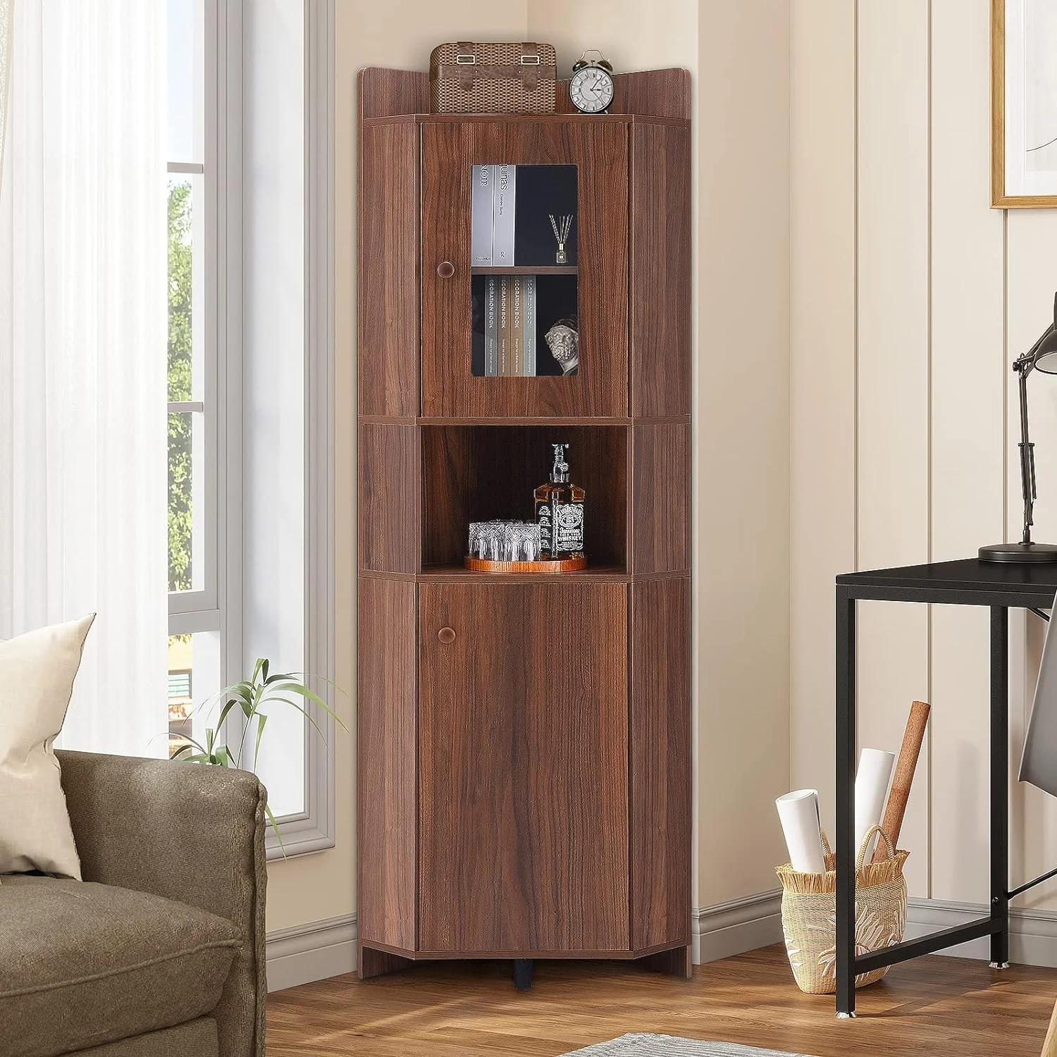 KHBIULIFE Corner Cabinet with Doors Tall Glass Display Cabinets Free Standing Corner  Cabinet for Living Room  Home Office  Kitchen