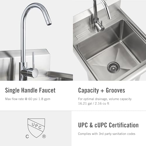 TRINITY THA-0307 Basics Stainless Steel Freestanding Single Bowl Utility Sink with Chrome Faucet, NSF Certified, for Garage, Laundry Room, and Kitchen, 21.5” x 24” x 49.2”, Silver