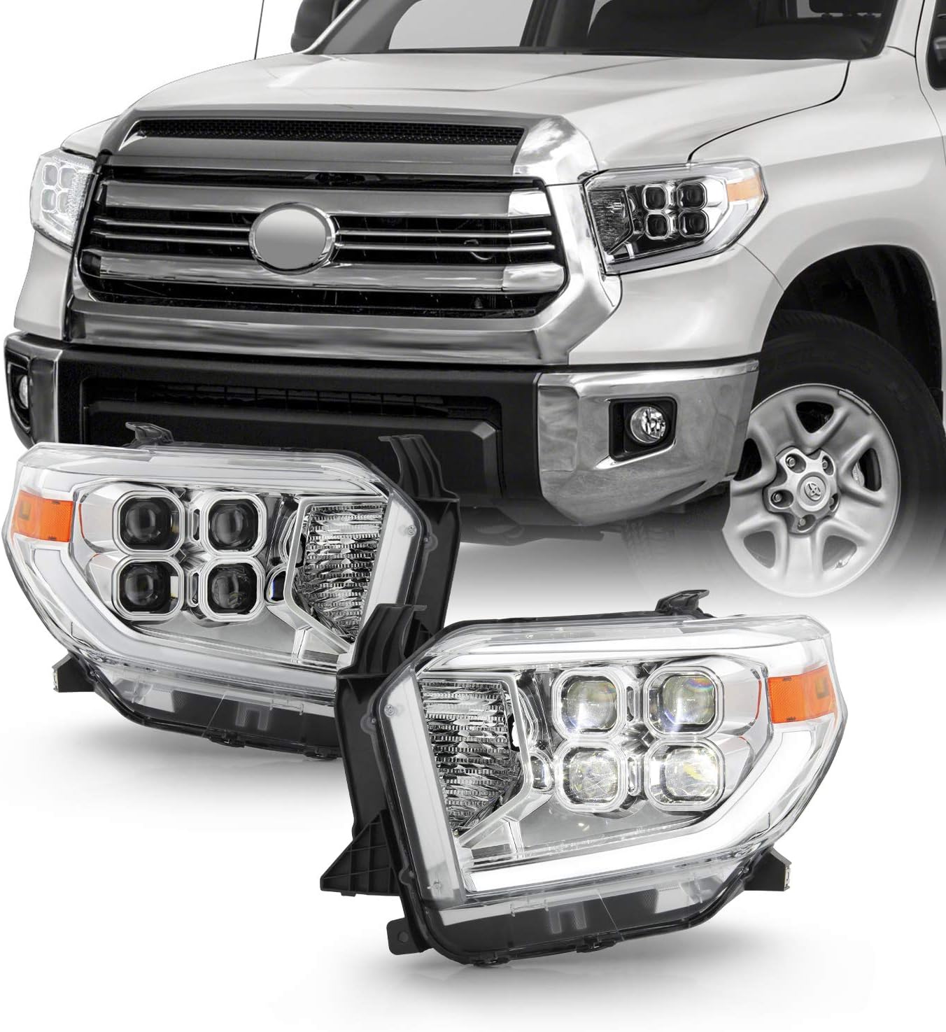AKKON - Fits 2014-2017 Toyota Tundra Limited SR SR5 TRD LED Parking Quad Projector Black Headlights Pair Driver + Passenger
