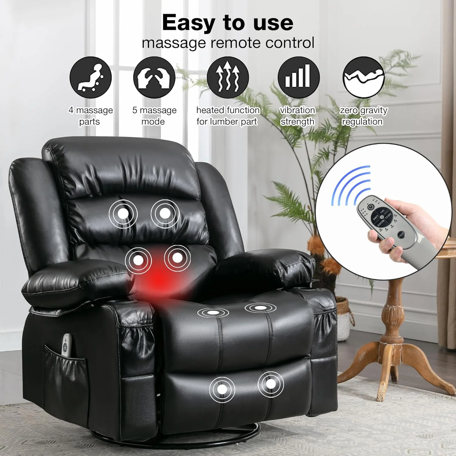 Massage Chair Recliner, Power Recliner Chairs with Heat and Message, Big and Tall Recliners with USB Port, with Swivel and Rocking Function for Elderly  (Black)