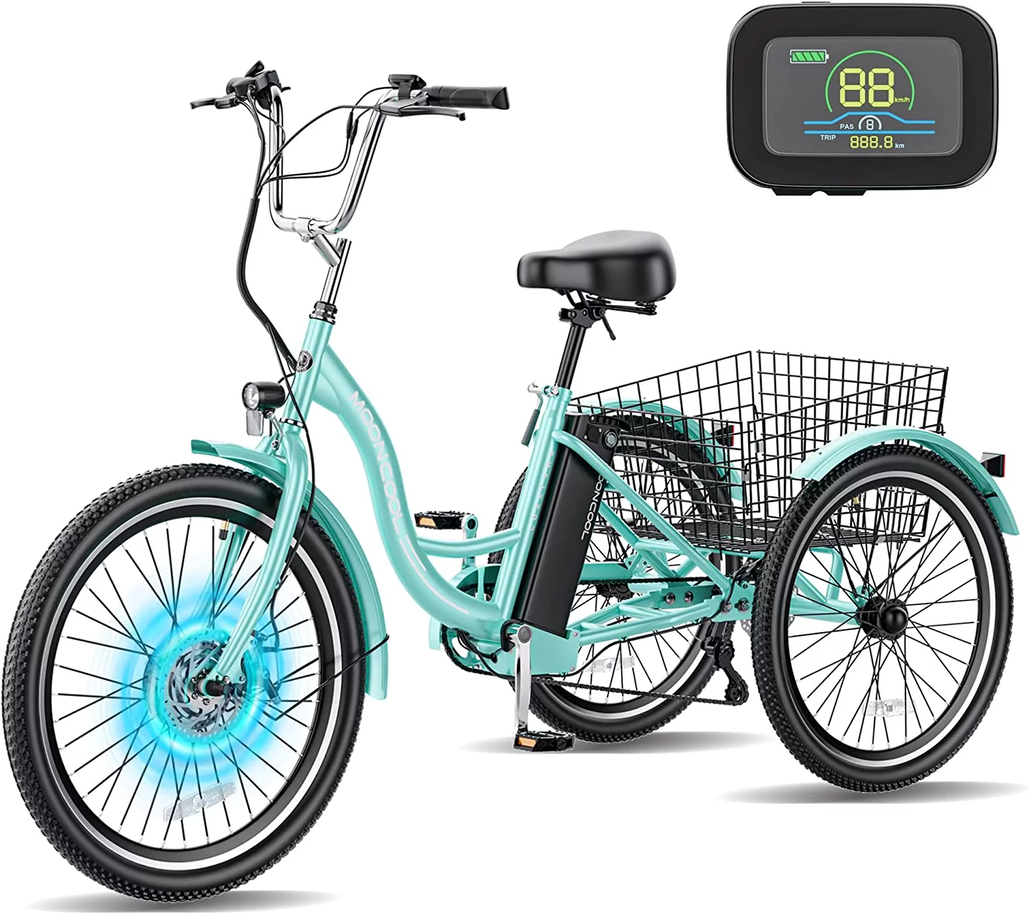 MOONCOOL 26" 7 Speed Electric Tricycle, 350W 36V 14.5Ah 350W 15MPH Lithium Battery UL Certified, 3 Wheel Electric Bicycle for Adults