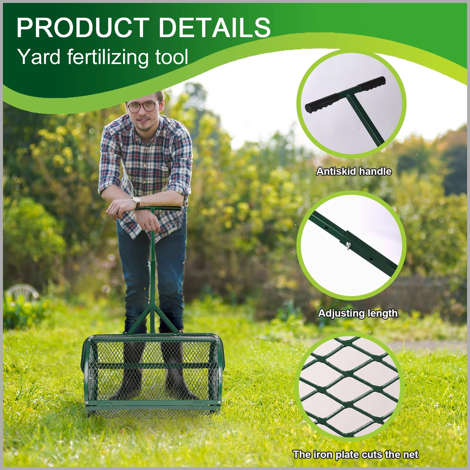 24" Compost Spreader, Aesraou Lightweight Manure Peat Moss Spreader with Upgrade T-Shaped Handle for Lawn and Garden Care Manure Spreaders Roller (Green-Small)