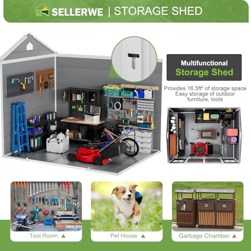 8x6x7 FT Resin Storage Shed, Waterproof Outdoor Storage Shed w/Floor, 2 Windows, Double Lockable Doors & Vents, Tool Shed for Patio Garden, Lawn, Backyard, Dove Grey