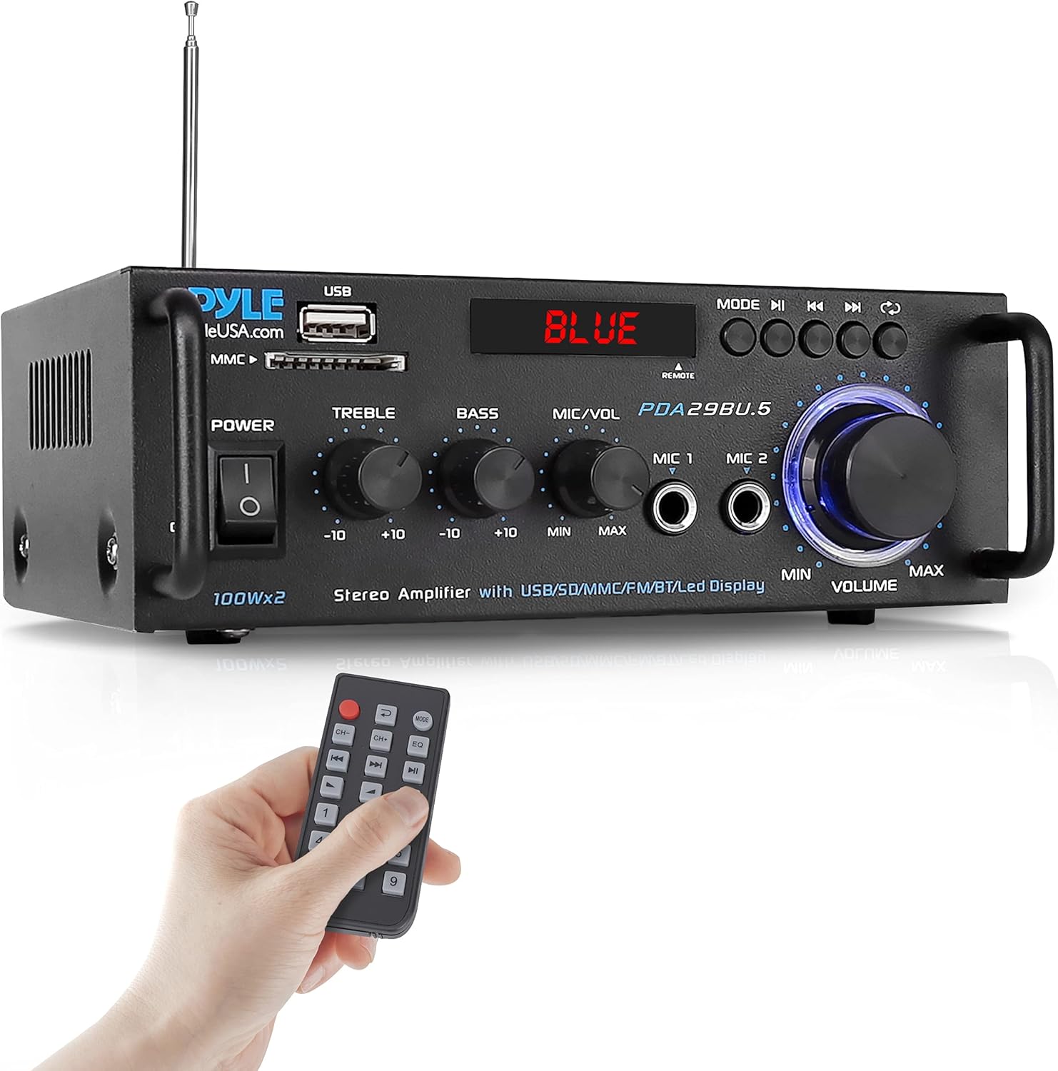 Pyle Wireless Bluetooth Stereo Power Amplifier - 200W 2 Channel Audio Stereo Receiver USA Warranty w/RCA, USB, SD, MIC in, FM Radio, for Home Theater Entertainment via RCA, Studio Use - Pyle PDA29BU Pack of 2