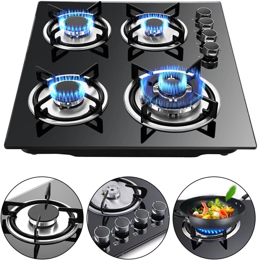 23" Gas Cooktop, Built in Gas Cooktop 4 Burners Stainless Steel Stove Black Tempered Glass Burners Gas Countertop for LPG/NG Dual Fuel Natural Gas/Propane Cooktop Heavy Duty Cast Iron Grates