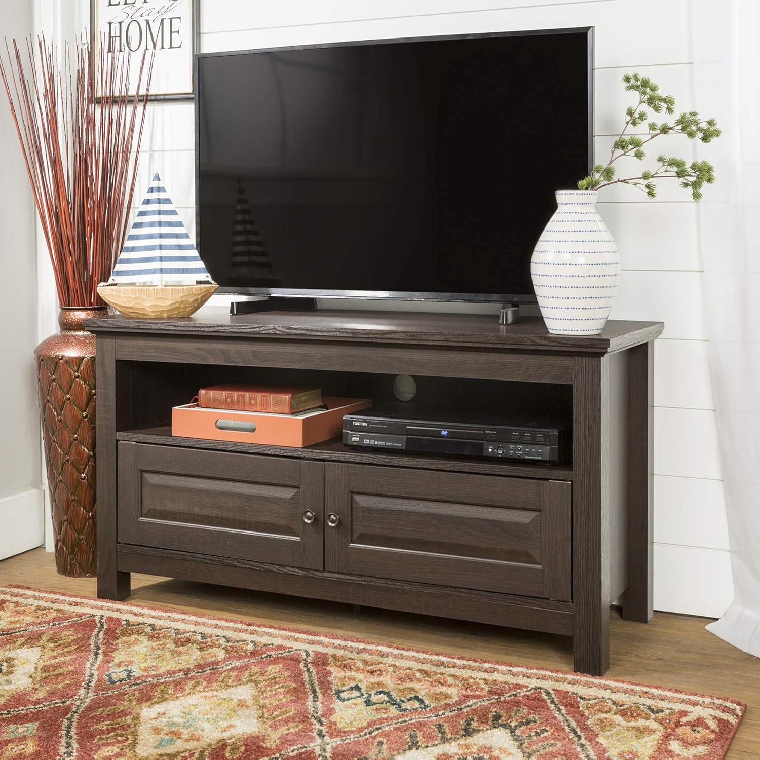 Walker Edison Traditional Wood Universal TV Stand with Storage Cabinets for TV's up to 65 Living Room Entertainment Center, 44 Inch, Traditional Brown