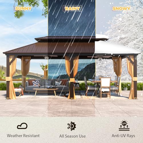 YOLENY 10' x 12' Hardtop Gazebo, Wood-Looking Gazebo with Galvanized Steel Double Roof, Aluminum Frame, Permanent Metal Pavilion with Netting and Curtains for Deck, Backyard, Patio and Lawns