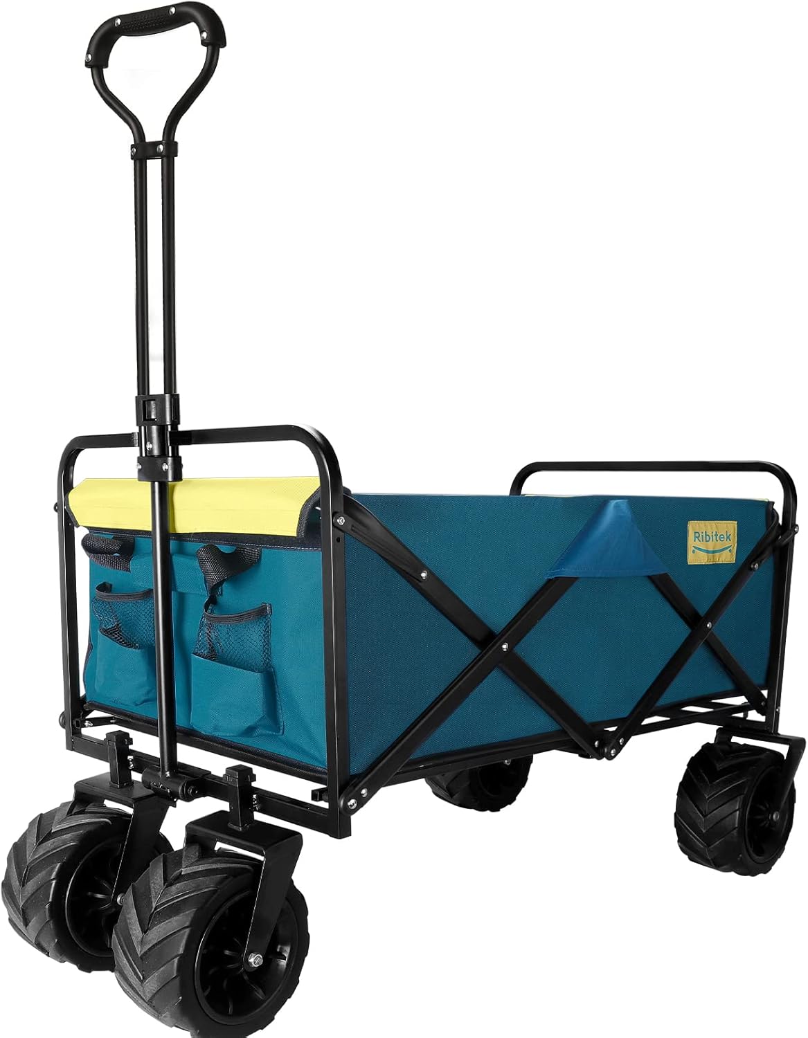 Collapsible Folding Wagon Beach Carts with Big Wheels for Sand, All-Terrain Beach Wagon with Universal Wheels, Adjustable Handle & Drink Holders for Camping, Sports, Shopping