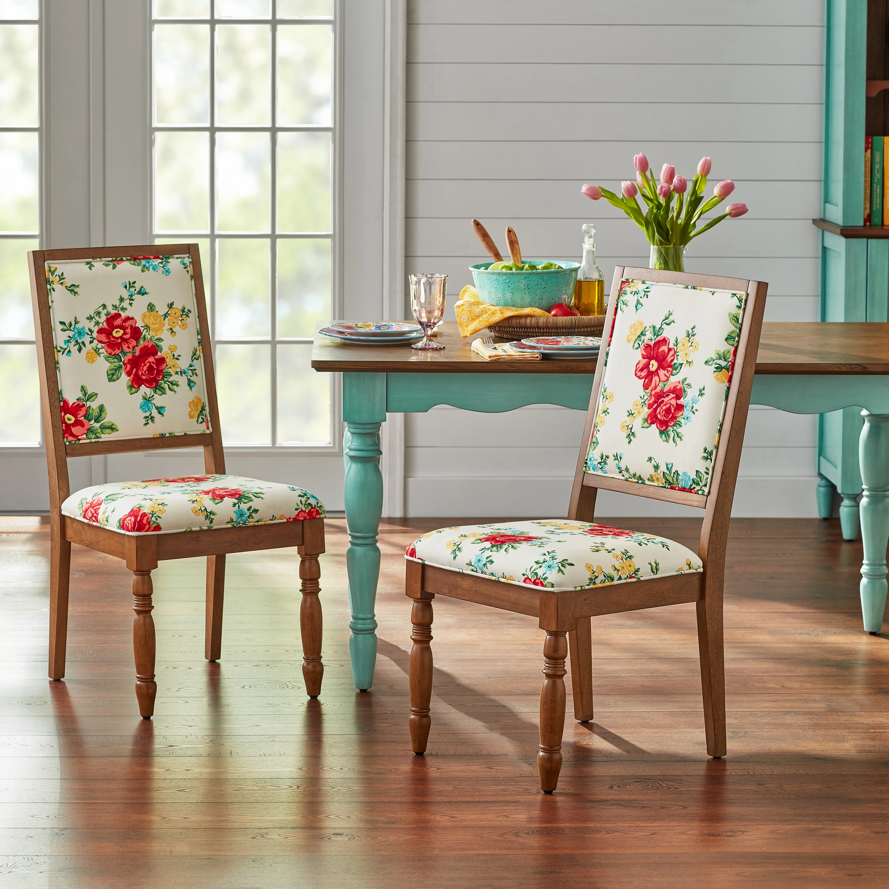 The Pioneer WomanCallie Vintage Floral Dining Chairs Made With Solid Wood Frame, Set of 2, Walnut Finish