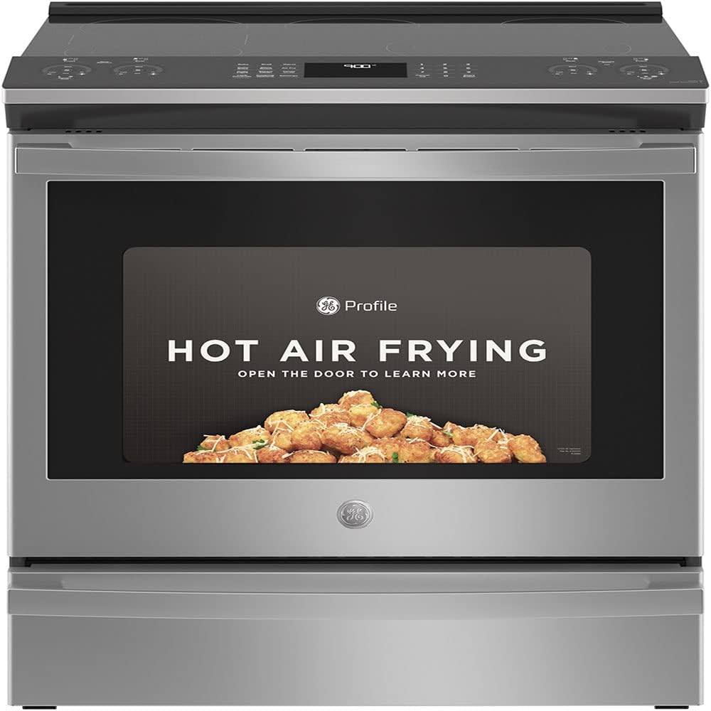 GE Profile PSS93YPFS 30" Slide-In Smart Electric Range with 4 Radiant Heating Elements, 5.3 Cu. Ft. True Convection Oven, Storage Drawer, WiFi, Self Clean with Steam Option,