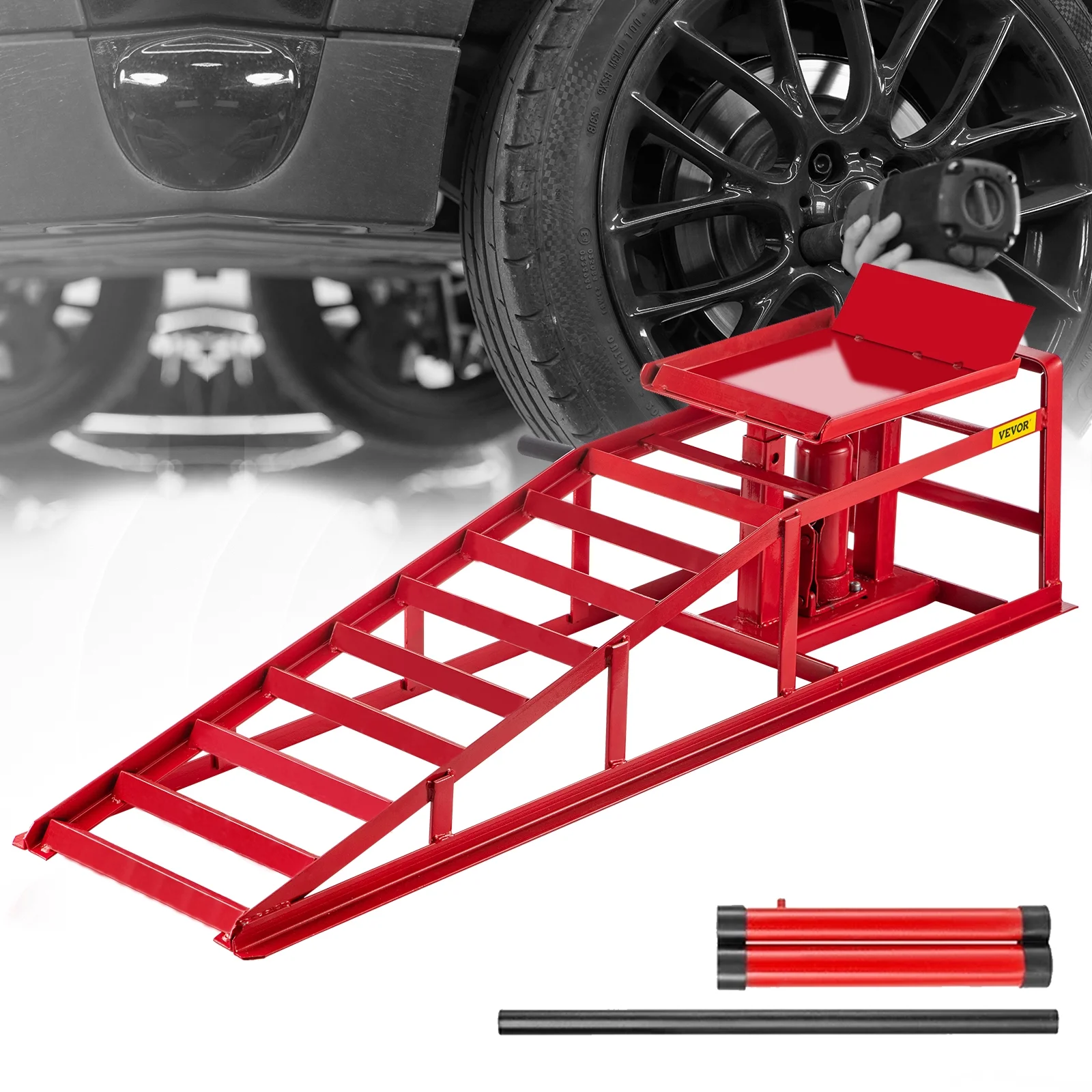 VEVORbrand Hydraulic Vertical Car Ramps 5500lbs2.5T , Auto, Truck Service Ramp Hydraulic Lift Heavy Duty Steel Low Profile w/ Hydraulic Jack, Red 1 Piece - Curated Treasures Market