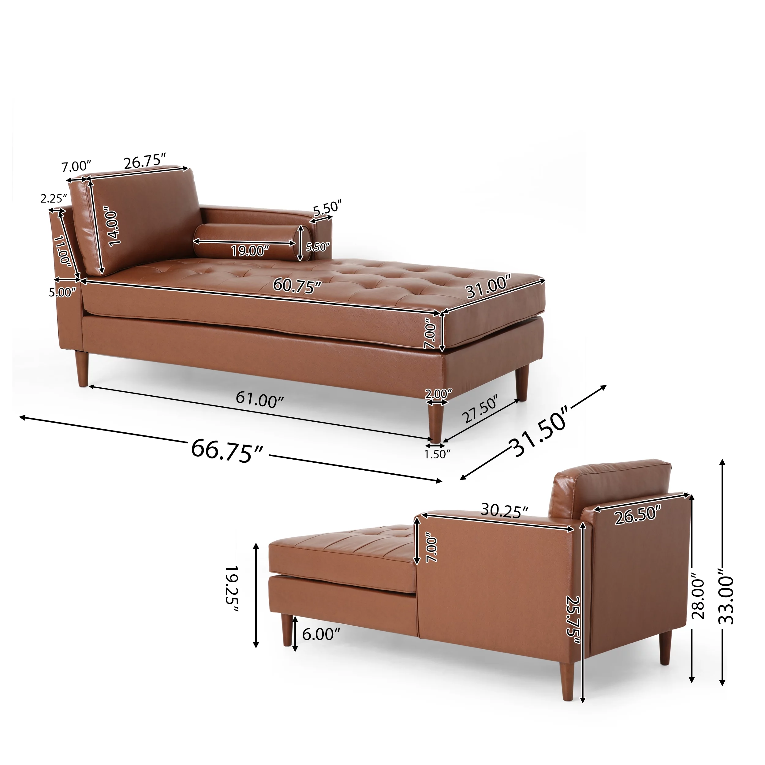 GDF Studio Hixon Contemporary Faux Leather Tufted One Armed Chaise Lounge, Cognac Brown and Espresso