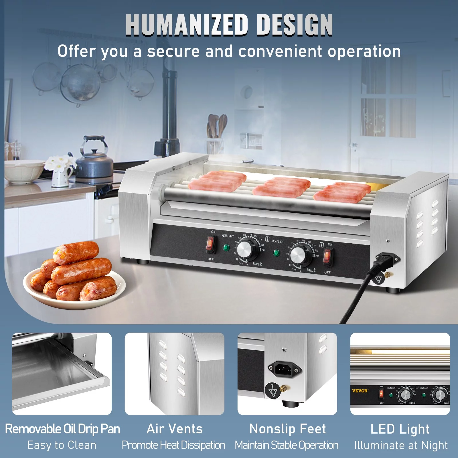 BENTISM Commercial 12 Hot Dog 5 Roller Grill Cooker Machine Stainless Steel 750W