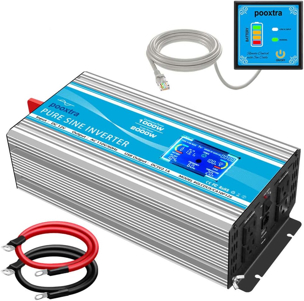 2000 Watt Pure Sine Wave Inverter 12V DC to 110V/120V AC Power Converter with LCD Display & USB Port +4 AC Outlets Car Power for Home RV Trucks Car Emergency to Use(4000 Peak Power)