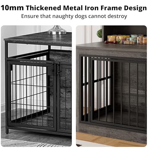 IRONCK Extra Large Dog Crate Furniture, 43.3 inches Wooden Dog Crate with Storage and 4 Hooks, Heavy Duty Pet Crate for Large Dog, Decorative Pet Cage for Indoor (30" L x 43.3" W x 41.1" H)
