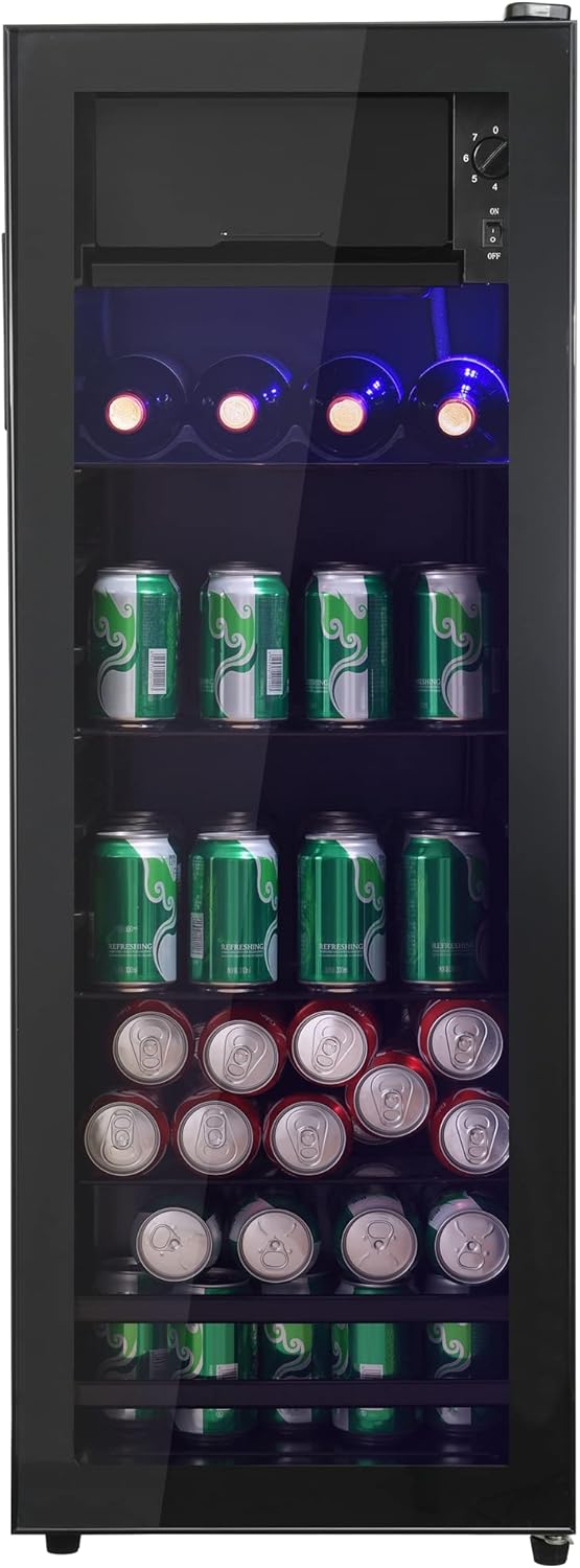 4.5Cu.ft mini fridge, 0.3Cu.ft freezer, up to 94 cans of soda, beer or wine. Silent, high-efficiency and energy-saving compressor, LED lighting, 16.10"×15.70"×43.10", home, RV, apartment, office, etc.