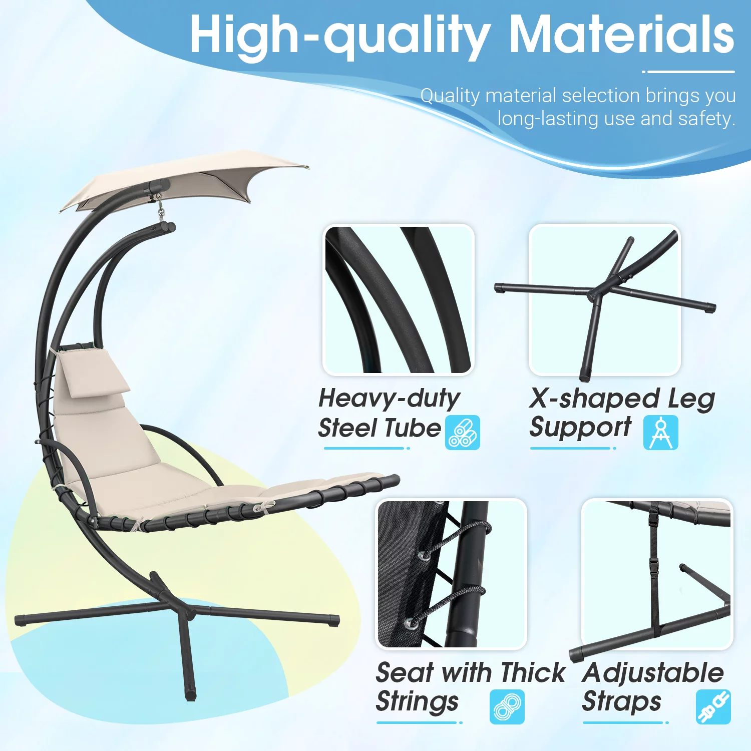 Vineego Outdoor Curved Hanging Chaise Lounge Chair Floating Chaise Lounger Patio Swinging Hammock w/Pillow, Removable Canopy & Steel, Beige