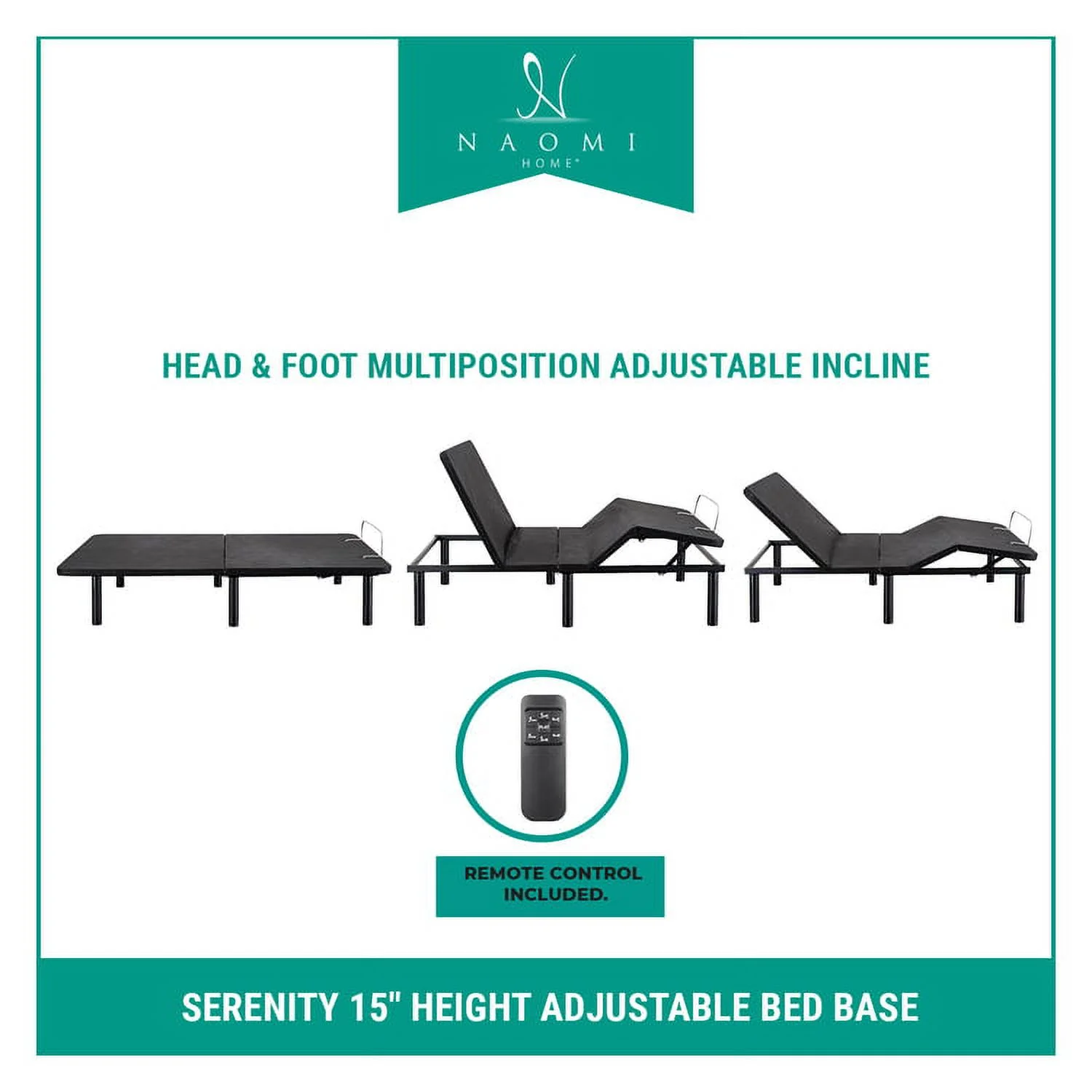 Serenity Deep Sleep Enabling 15" Height Adjustable Bed Frame Queen, Head & Foot Incline Adjustable Bed Base, Smart Bed, Adjustable Bed Frame with Remote, Anti-Snore, Zero Gravity Bed, Black