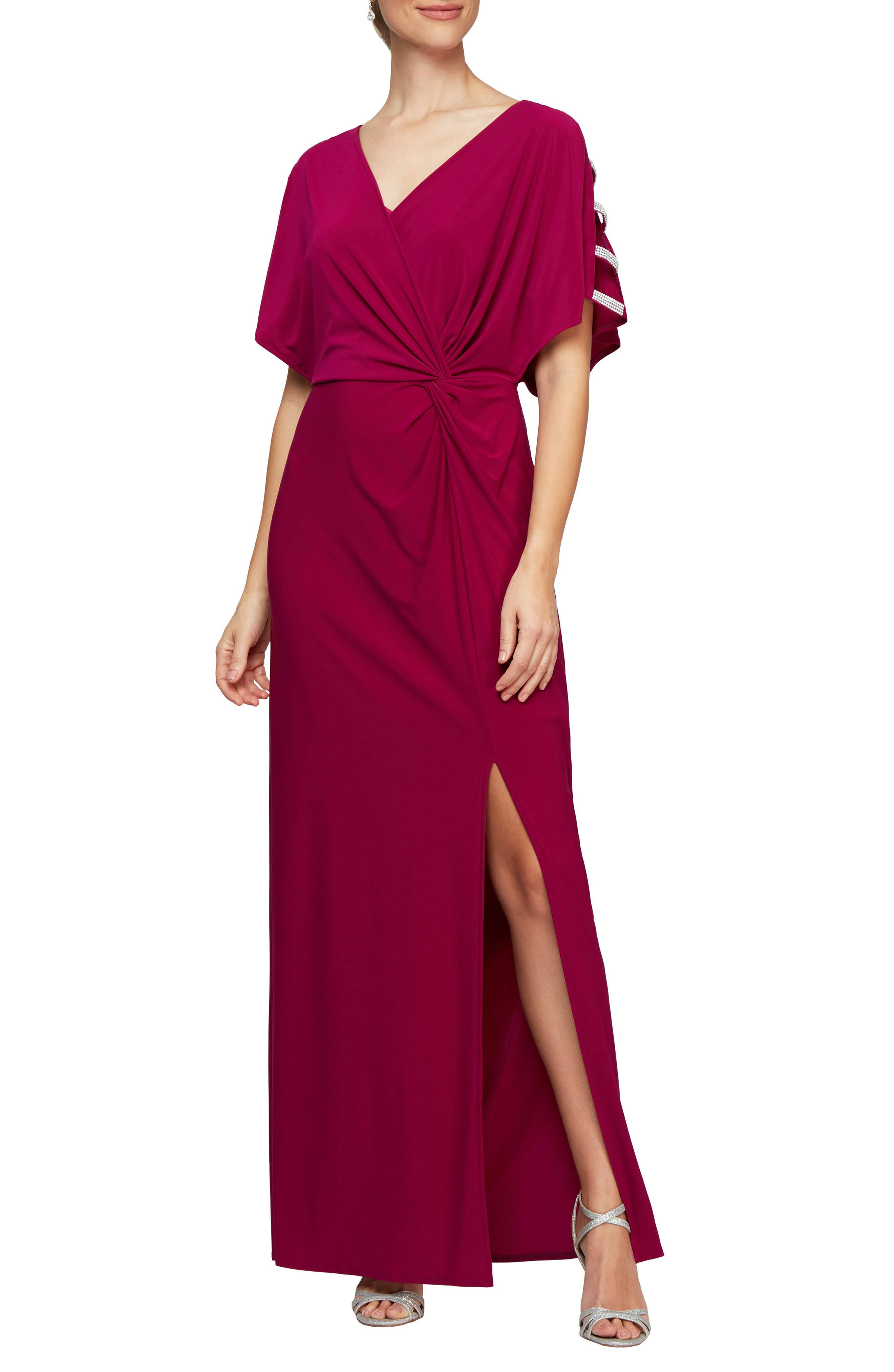 Alex Evenings Embellished Sleeve Knot Front Gown - Pink - 6