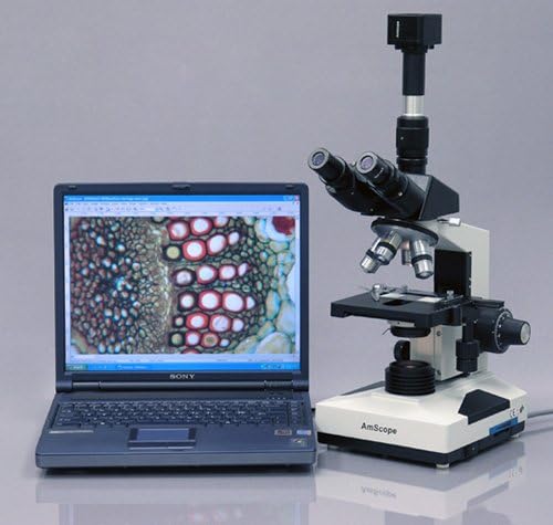 AmScope T490A-8M Digital Compound Trinocular Microscope, WF10x and WF16x Eyepieces, 40X-1600X Magnification, Brightfield, Halogen Illumination, Abbe Condenser, Double-Layer Mechanical Stage, Sliding Head, High-Resolution Optics, Includes 8MP Camera w
