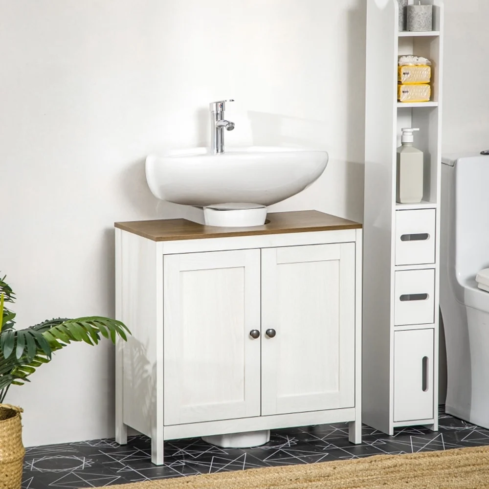 Pedestal Sink Storage Cabinet, Under Sink Cabinet with Double Doors,  Antique White, Walnut-AS